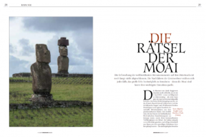 Eine Fotostrecke im österreichischen Universum-Magazin. Es ist ein wissenschaftlicher Text über das Leben der Rapa Nui auf der fernen Osterinsel im Pazifk. Landschaftsfotograf Markus Thek zeigt hier atemberaubende Landschaftsaufnahmen mit den monumentalen, für die Osterinsel typischen Steinskulpturen, den Moai.